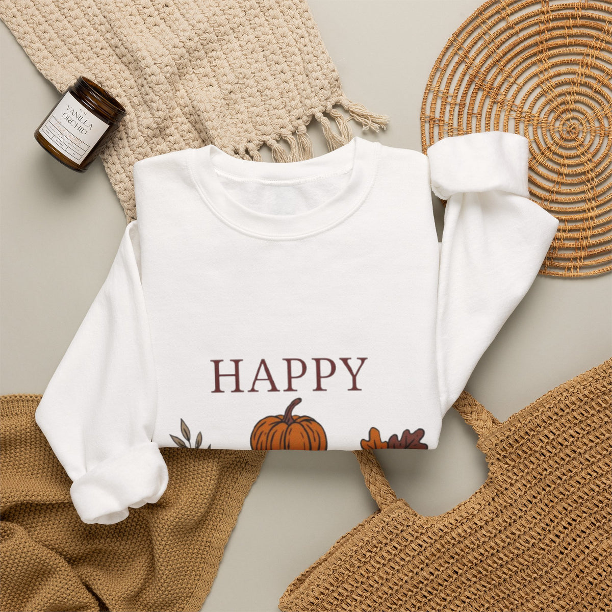 Happy Fall Crewneck Sweatshirt — Cozy Pumpkin & Autumn Leaves Pullover
