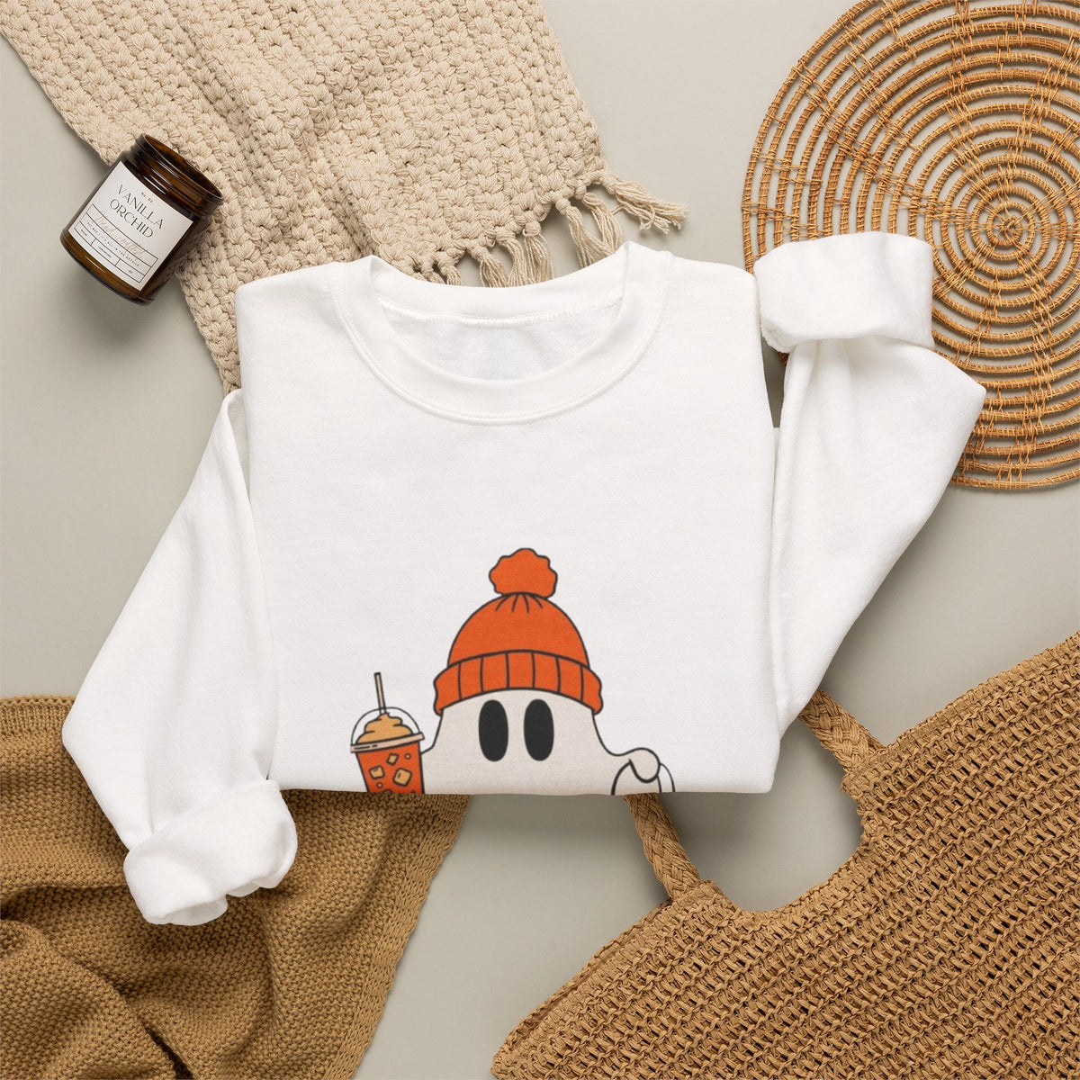 Spooky-Tacular Ghost Sweatshirt — Cute Halloween Ghost with Pumpkin & Coffee