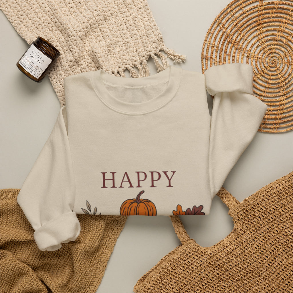 Happy Fall Crewneck Sweatshirt — Cozy Pumpkin & Autumn Leaves Pullover