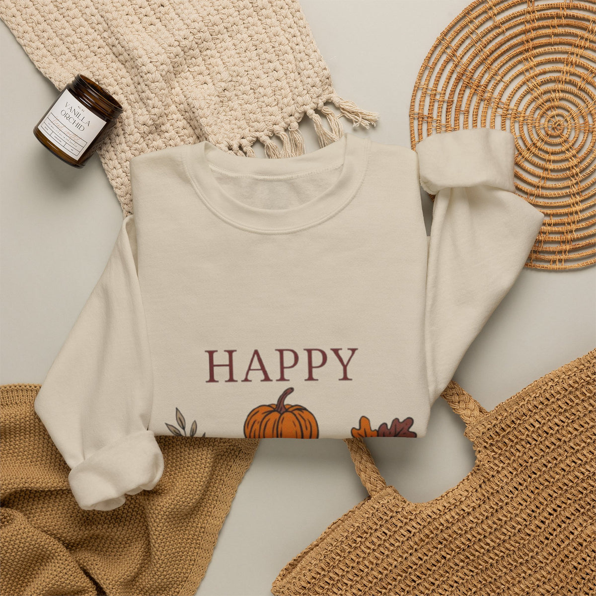 Happy Fall Crewneck Sweatshirt — Cozy Pumpkin & Autumn Leaves Pullover