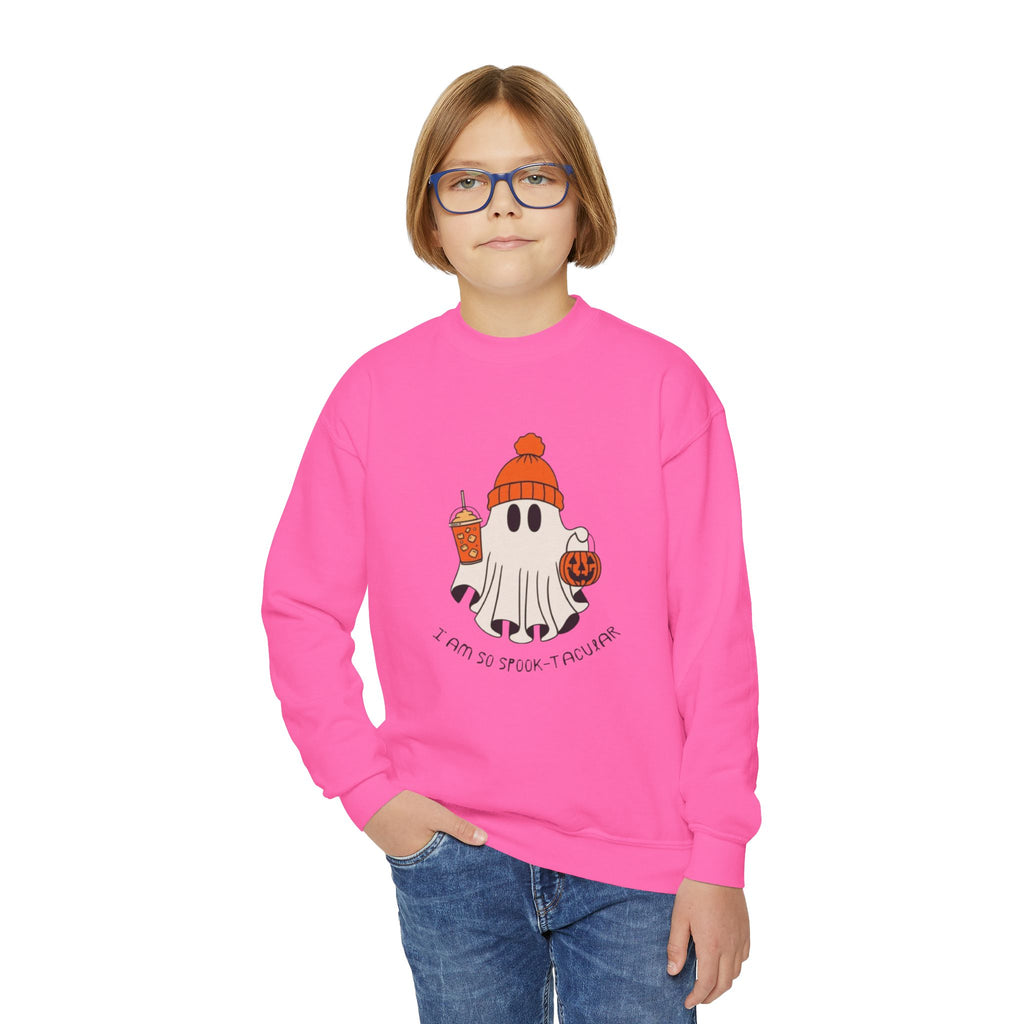 Youth Sweatshirt — Cute Ghost with Pumpkin & Pumpkin Spice ("I Am So Spook-Tacular")