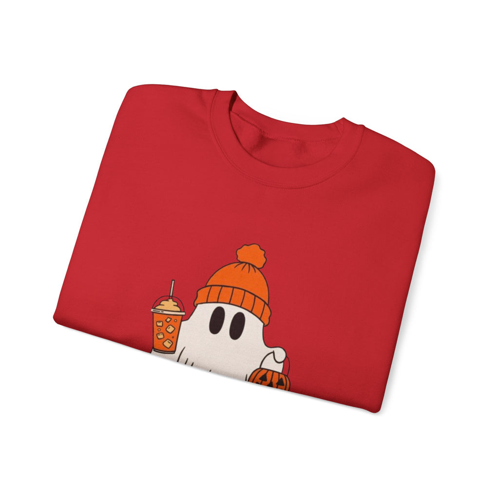 Spooky-Tacular Ghost Sweatshirt — Cute Halloween Ghost with Pumpkin & Coffee