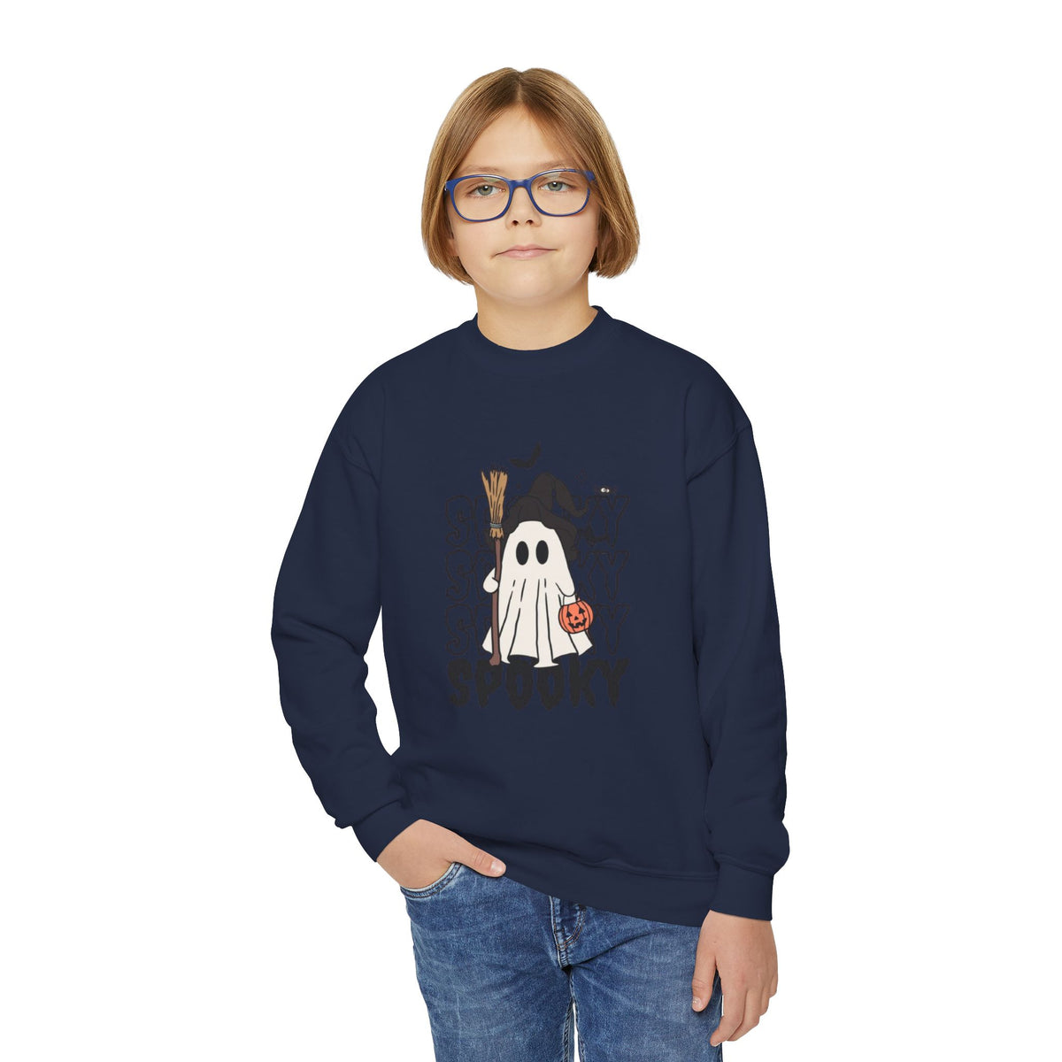 Youth Spooky Ghost Crewneck Sweatshirt — Halloween Kids Pullover